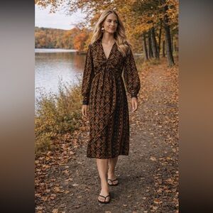 Anthropologie NWT Farm Rio Long-Sleeve V- Neck Printed Tie-Front Midi Dress XXS.